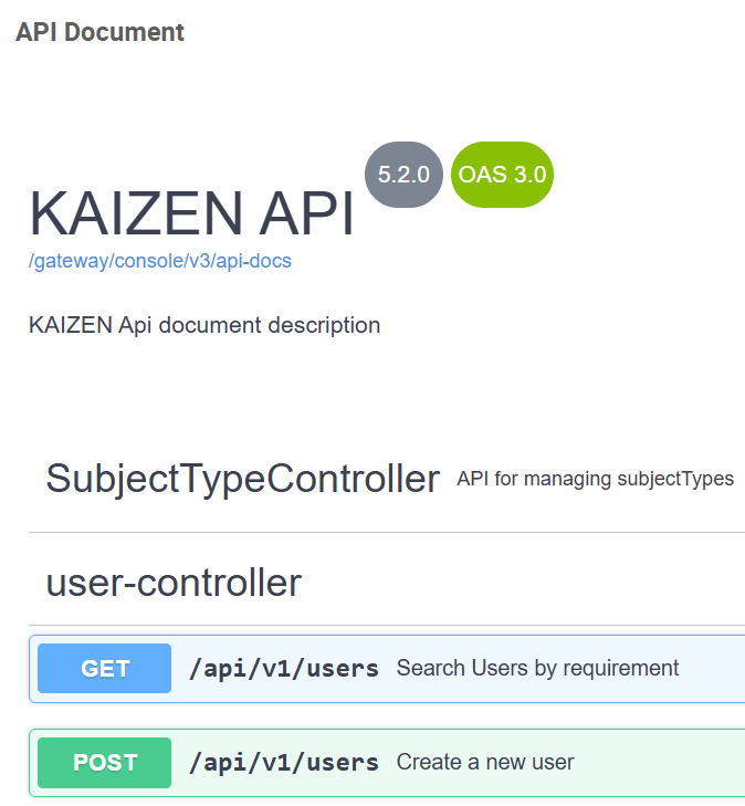 API documentation page showing endpoint groups and methods