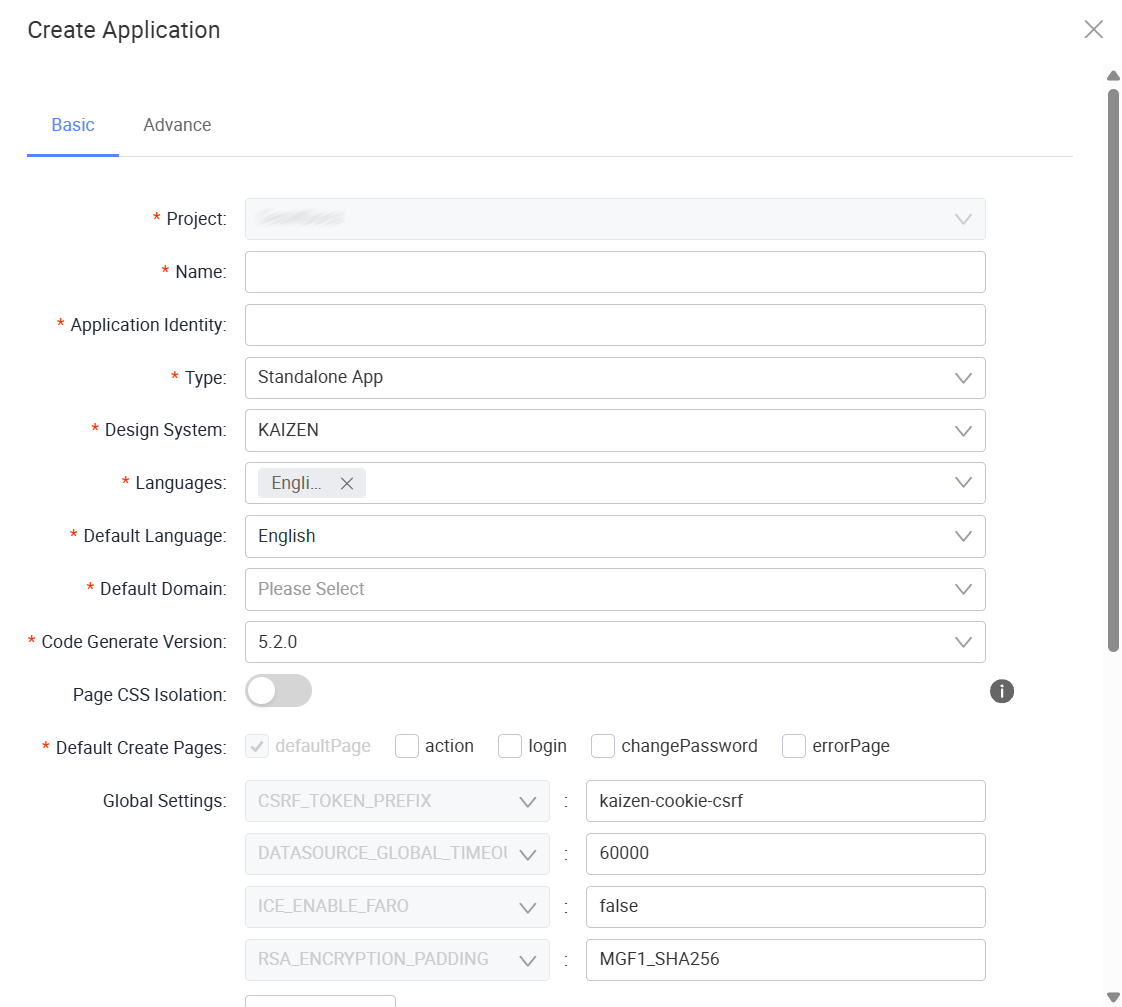Create Application window