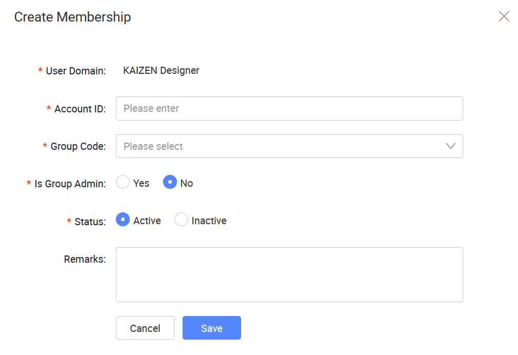 Create Membership window