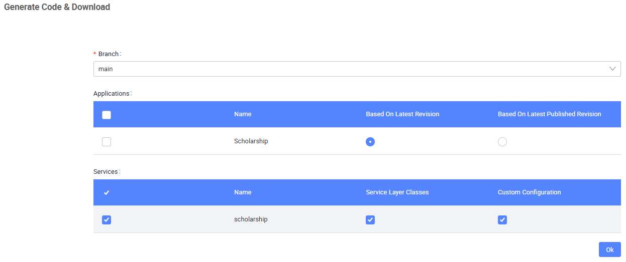 Generate Code & Download window