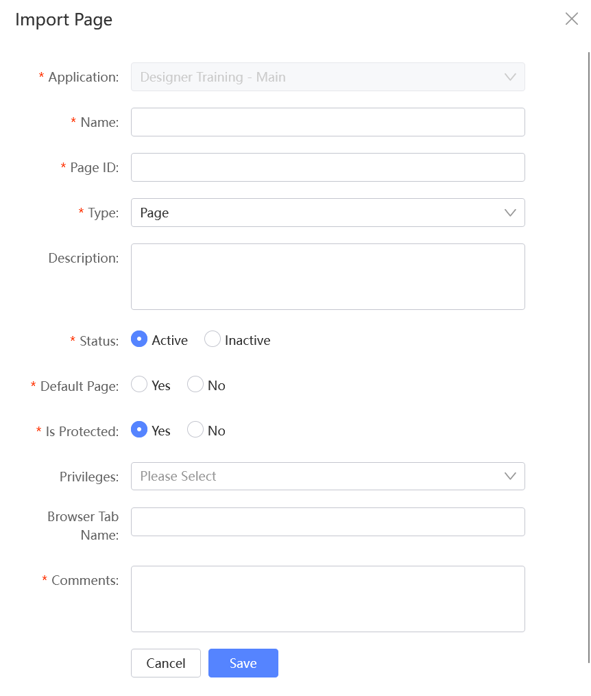 Import Page window