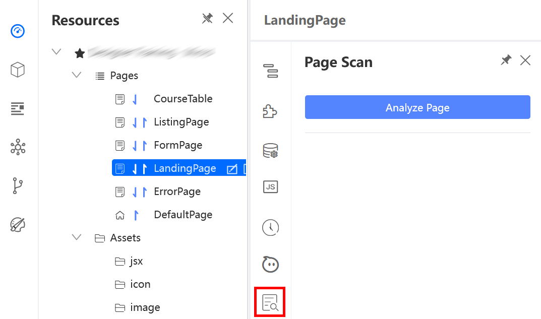 Page Scan icon highlighted on the App Designer toolbar