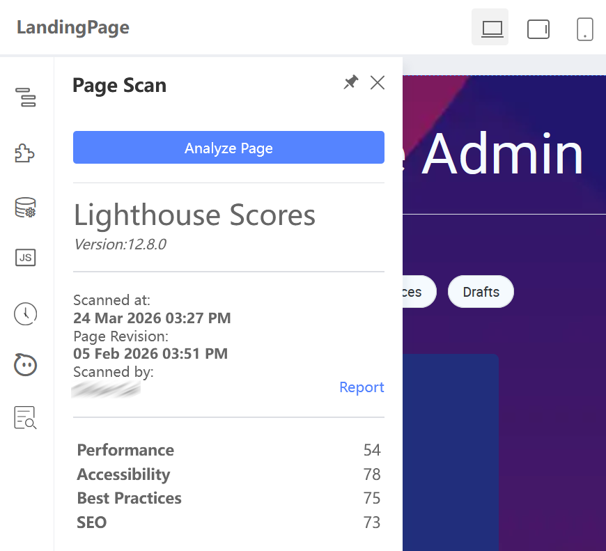 Page Scan results showing Lighthouse scores for Performance, Accessibility, Best Practices, and SEO