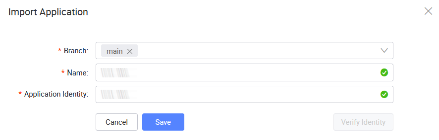 Import Application window, choose branch